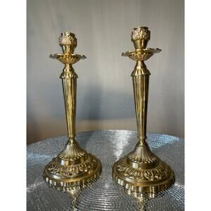 set of 2 brass candle stick holders with roses 11" Mcm Vintage